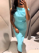 Noxwear Elegant Women's Bodycon Maxi Dresses Sleeveless One Shoulder Dress with Gold Buckle Summer Chic Casual Lady Party Evening Outfit