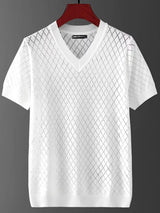 Noxwear - Men's Ice Silk Hollow V-neck T-shirt Top Summer Cool Thin Style Chicken Heart Short Sleeves Knitted Top