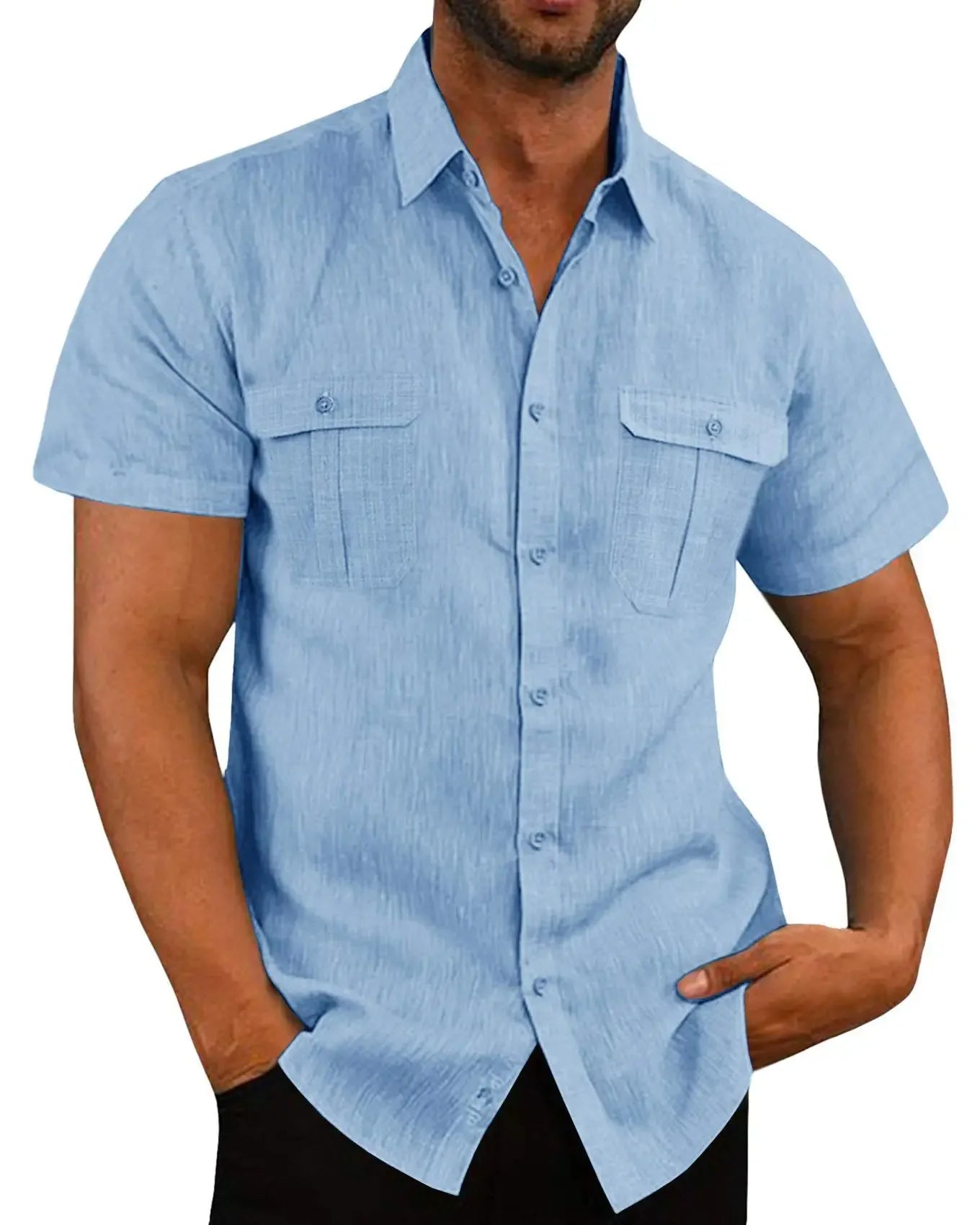 Noxwear - Cotton Linen Hot Sale Men Short-Sleeved Shirts Summer Solid Color Comfort Collar Casual Beach Style Plus SizeMale Shirts M-5XL