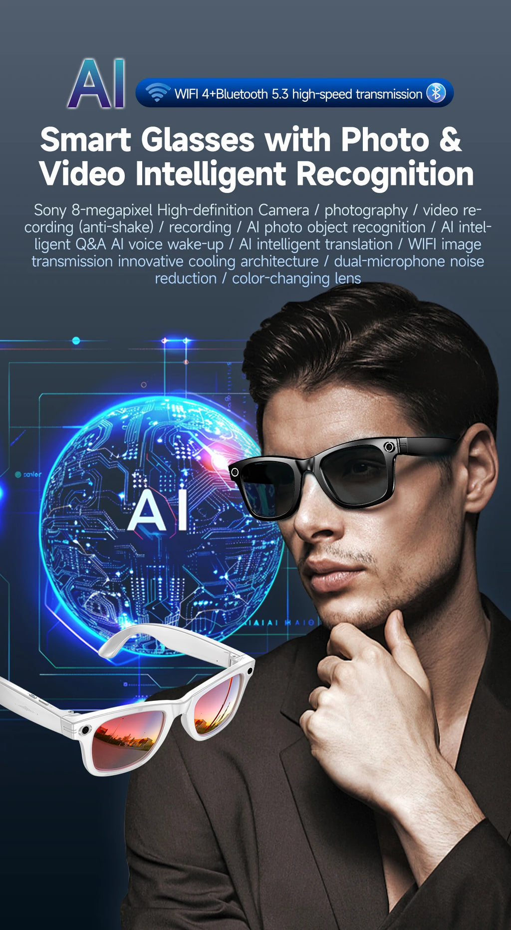 Noxwear - New 800W Camera AI Glasses Men Color-Changing Smart Translation Glasses Photo Video Recording Waterproof Call Smart Sunglasses
