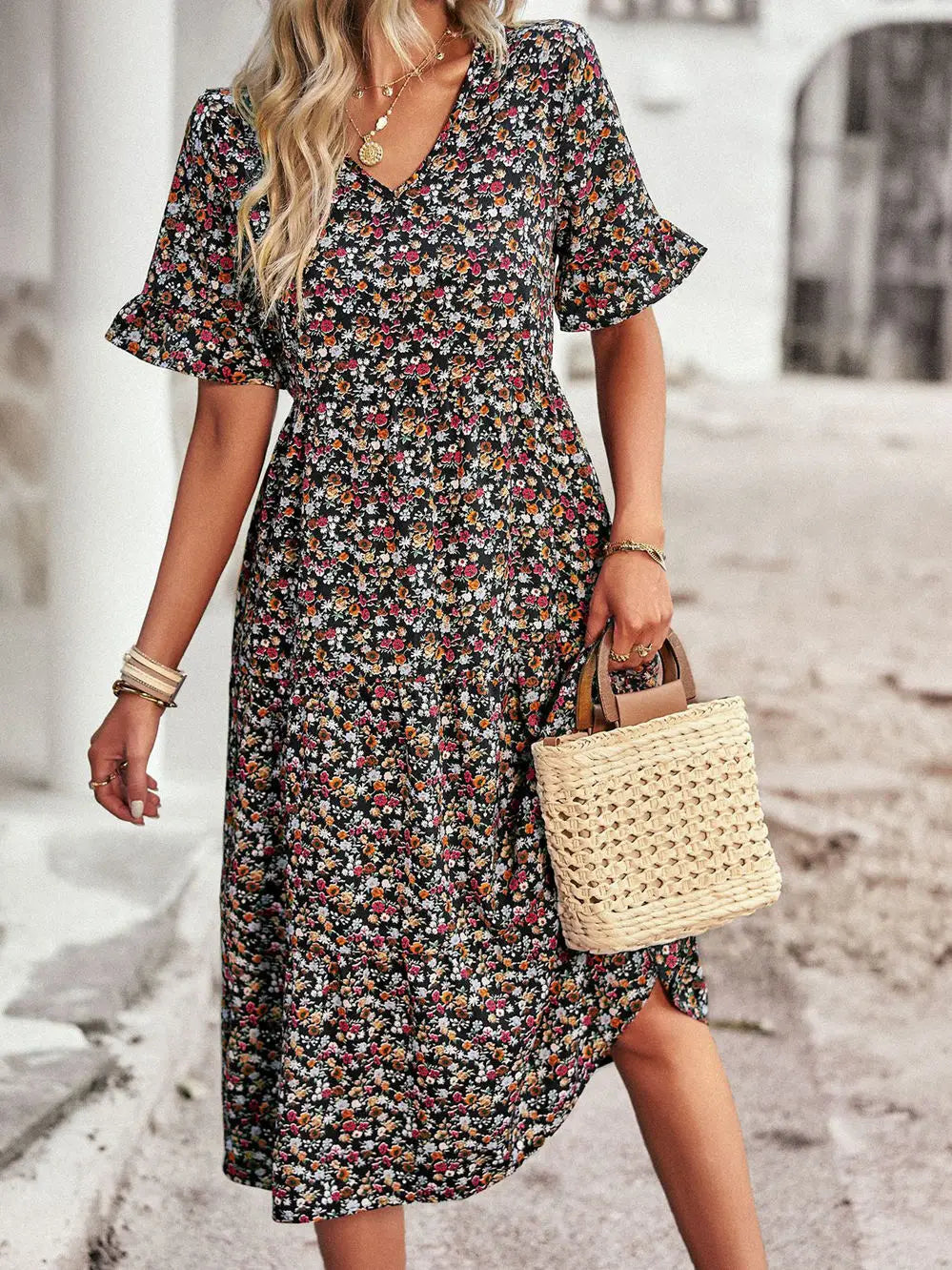 Noxwear Msfilia Fashion V Neck Elegant Printed Dress Women Summer Short Sleeve High Waist A Line Floral Holiday Dresses