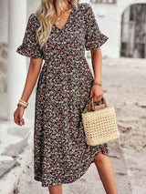 Noxwear Msfilia Fashion V Neck Elegant Printed Dress Women Summer Short Sleeve High Waist A Line Floral Holiday Dresses