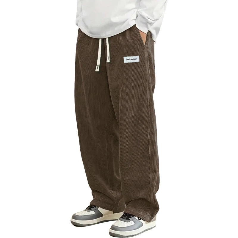 Noxwear - New Mens Corduroy Casual Pants Fashion Loose Fit Baggy Pants Straight Sweatpants Elastic Waist Drawstring Outdoor Streetwear