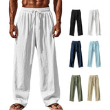 Noxwear -  New Men Cotton and Linen Casual Pants Simple and Comfortable Straight Leg Pants Waist Drawstring Plus Size Looser S-4XL