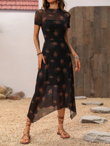 Noxwear Goth Dark Elegant Fashion Florals Print Short Sleeve Mid Dress Fairy Grunge Mesh Patchwork Double Layer Dresses Gothic Techwear