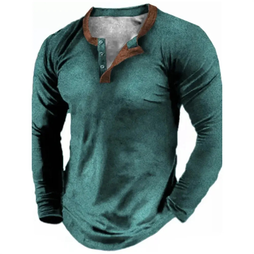 Noxwear - Spring Autumn Solid Color Henley Shirts 3D Printed Men's Fashion Vintage Button-Down Long Sleeve T Shirt Man Tees Tops Clothing