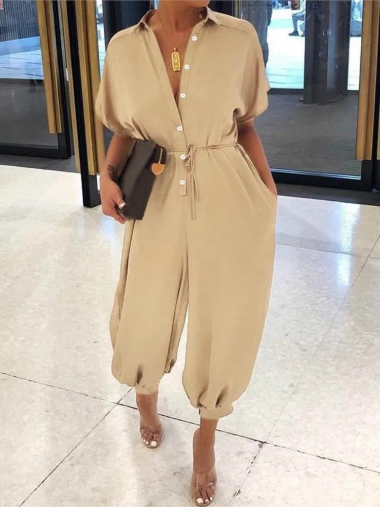Noxwear Summer Fashion V-Neck Button Lace-Up Jumpsuit Short Sleeve Loose Playsuit Overalls Women Elegant Leopard Print Pocket Rompers