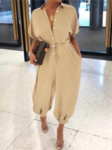 Noxwear Summer Fashion V-Neck Button Lace-Up Jumpsuit Short Sleeve Loose Playsuit Overalls Women Elegant Leopard Print Pocket Rompers