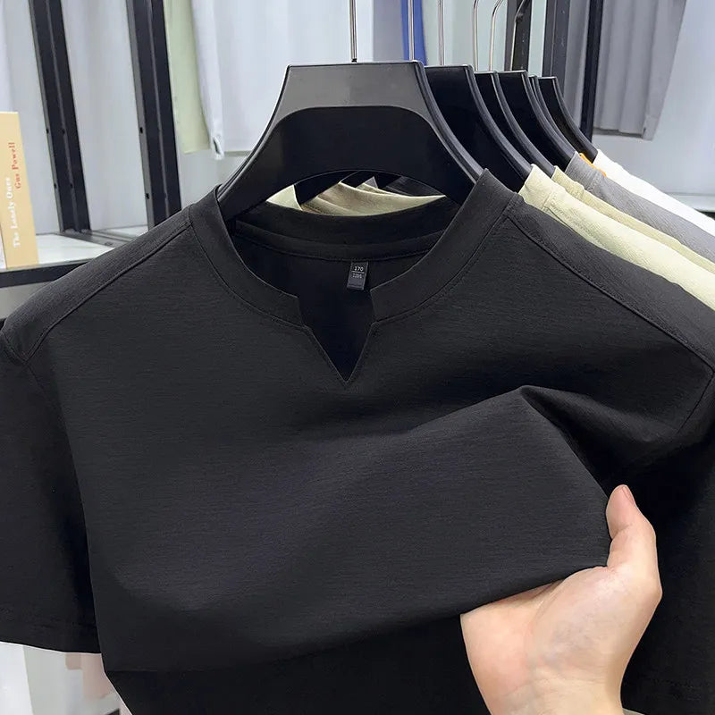 Noxwear - Korean Men's Casual and Fashionable Small V-neck Solid Color Short Sleeved T-shirt Comfortable Summer Versatile Top