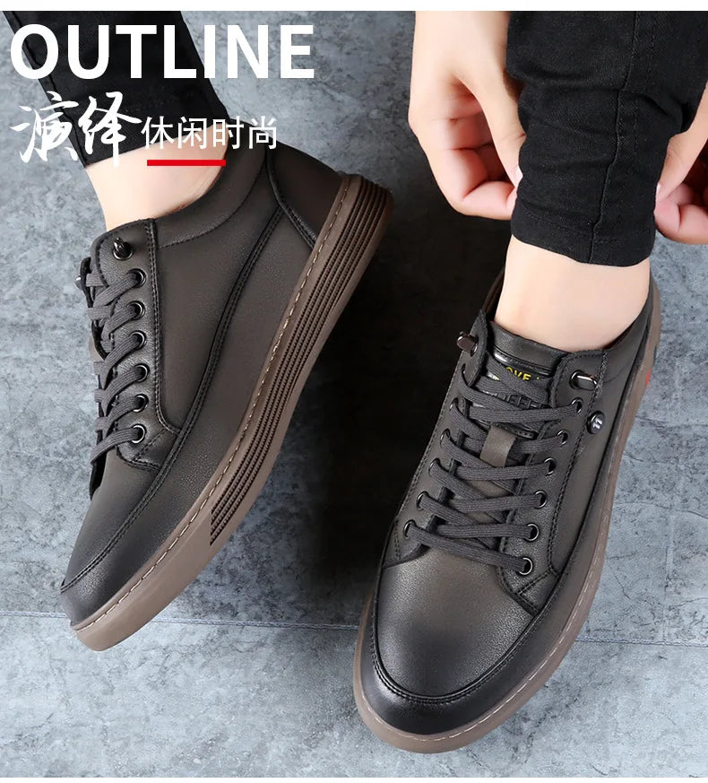 Noxwear - New Shoes for Men Genuine Leather Casual Shoes Spring Autumn Cool Black Flat Skateboard Shoes Youth Fashion Slip-on Sneakers
