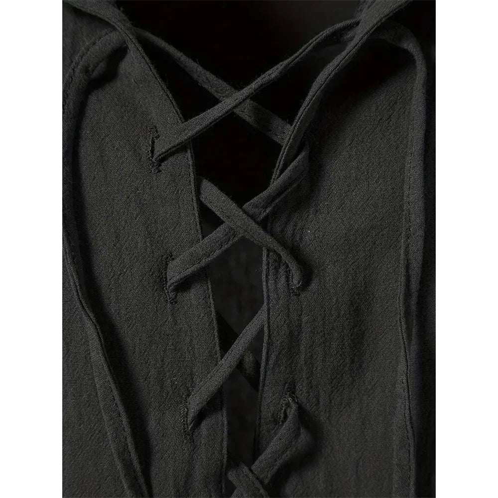 Noxwear - Men's Retro Shirt Short Sleeve Cotton Linen Lightweight Breathable Solid Color Fashion Tops Pirate V-neck Male Stylish Shirs
