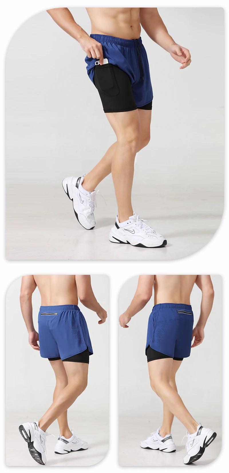 Noxwear - Men's Running Shorts Quick-drying Fitness Black Double Layer Shorts Men New Sport Workout Training Bodybuilding Short Pants