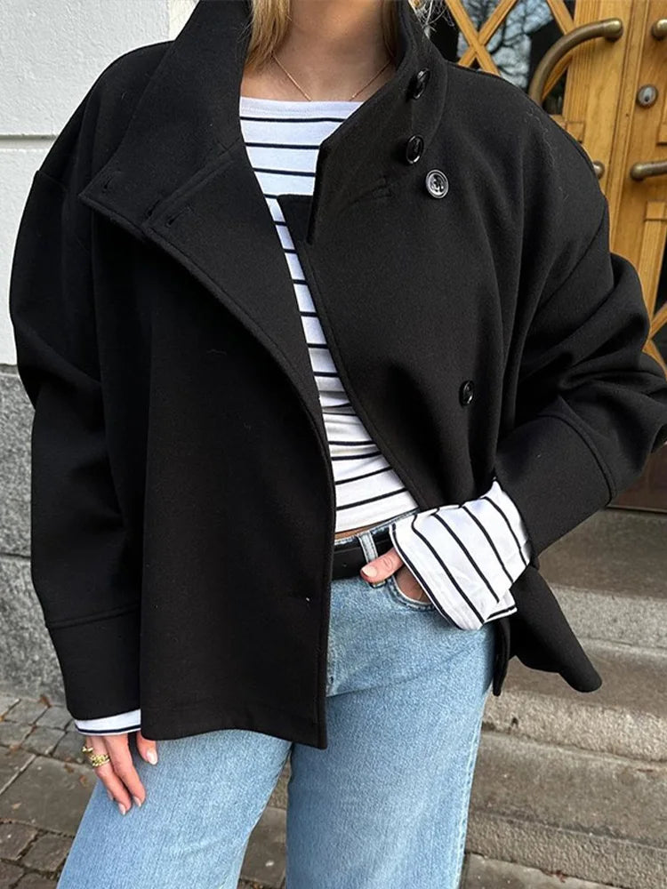 Noxwear Stand Collar Women Winter Woolen Coats 2025 Autumn Single Breasted Loose Female Long Sleeve Jacket Office Lady Street Short Coat