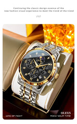 Noxwear - OLEVS Top Luxury Brand Men's Watches Moon Phase Chronograph Quartz Watch for Man Gold Stainless Steel Luminous Original Watch