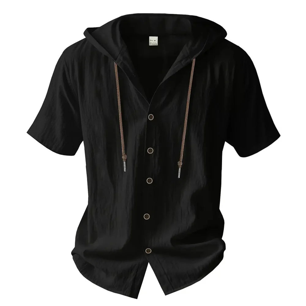 Noxwear -  Cotton Linen Shirt for Men Hooded Short Sleeve Solid Color Breathable Lightweight Drawstring Design Shirts Casual Basic Tees