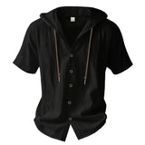 Noxwear -  Cotton Linen Shirt for Men Hooded Short Sleeve Solid Color Breathable Lightweight Drawstring Design Shirts Casual Basic Tees