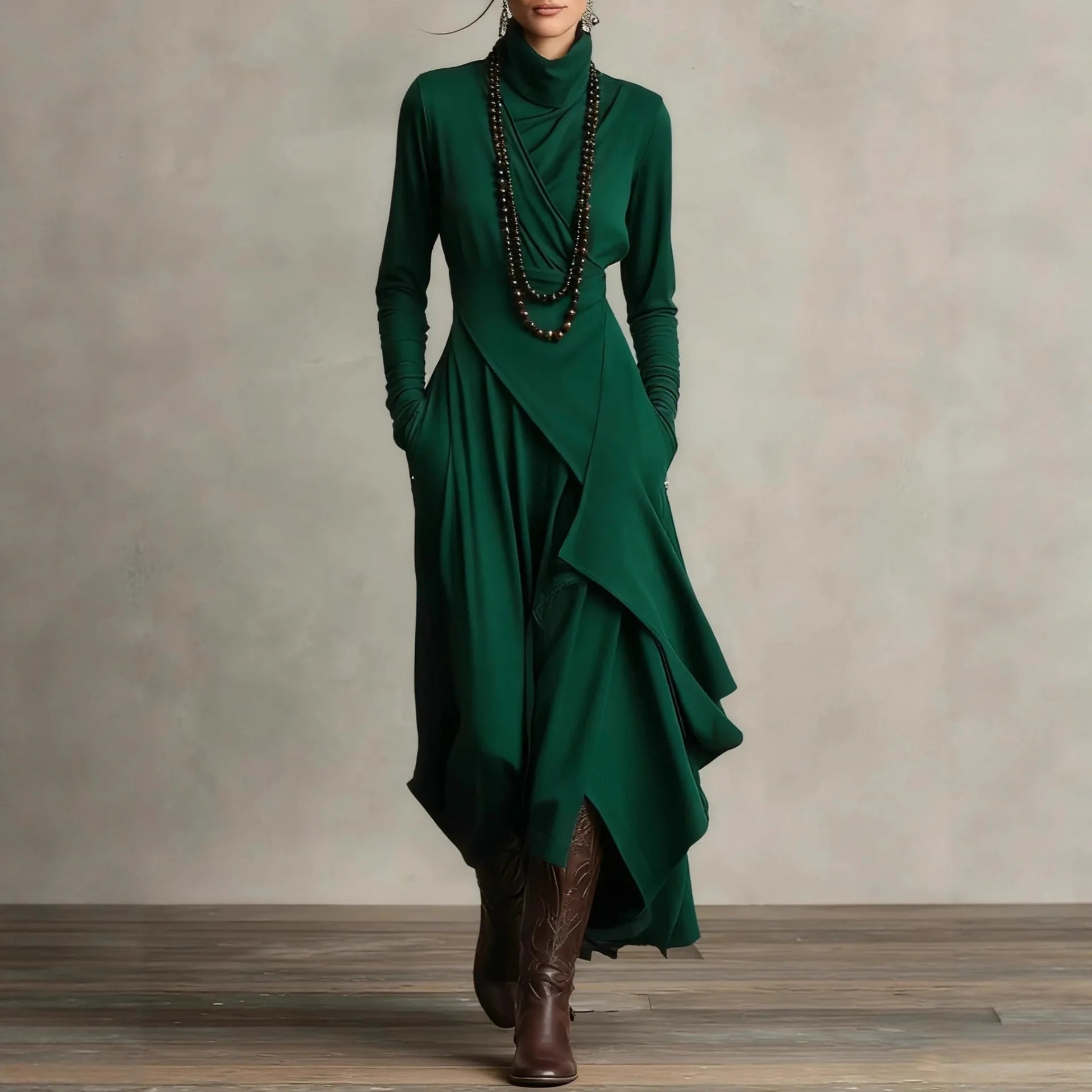 Noxwear Vintage Pocket Asymmetric Dress for Women's Long Sleeve Solid Turtleneck Minimalist Retro Casual Autumn Long Dresses 2025