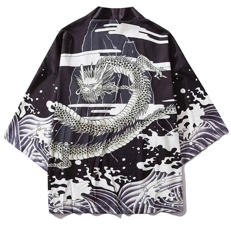 Noxwear-Summer Japanese Style Anime Dragon Print Cosplay Haori Yukata Top Adult Traditional Samurai Loose Kimono Cardigan for Men Women