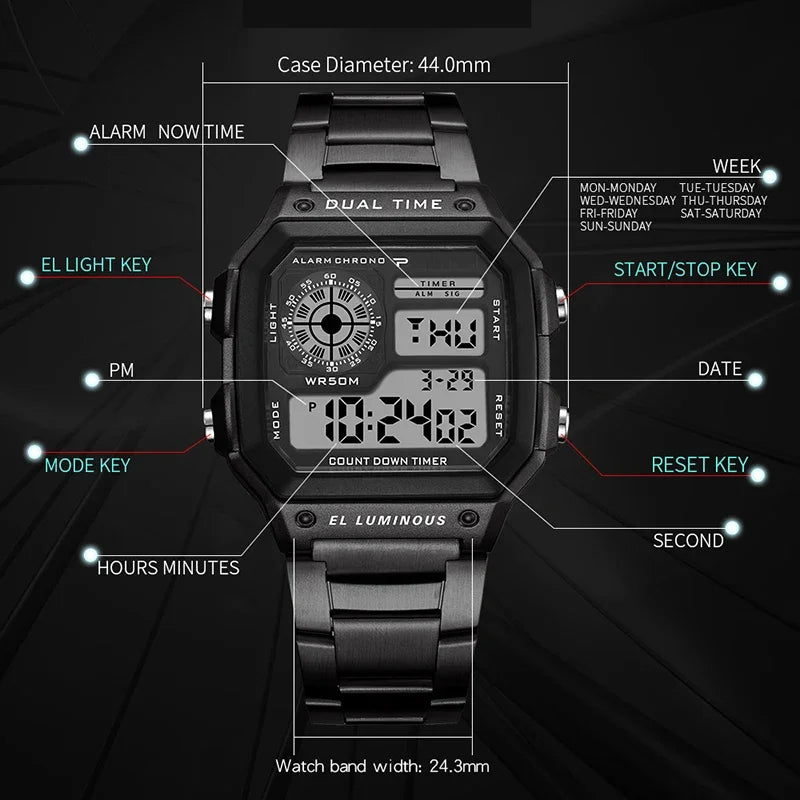 Noxwear - MAYZHISU Classic Men's Digital Watches Luxury Stainless Steel Strap Sport Watches Men Military Clock LED Sport Wristwatch