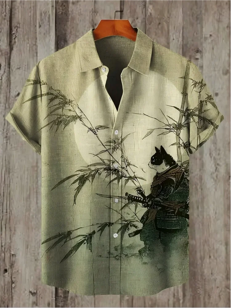 Noxwear - Men's linen short sleeved shirt, loose top, animal print, fashionable trend, outdoor street, casual and comfortable