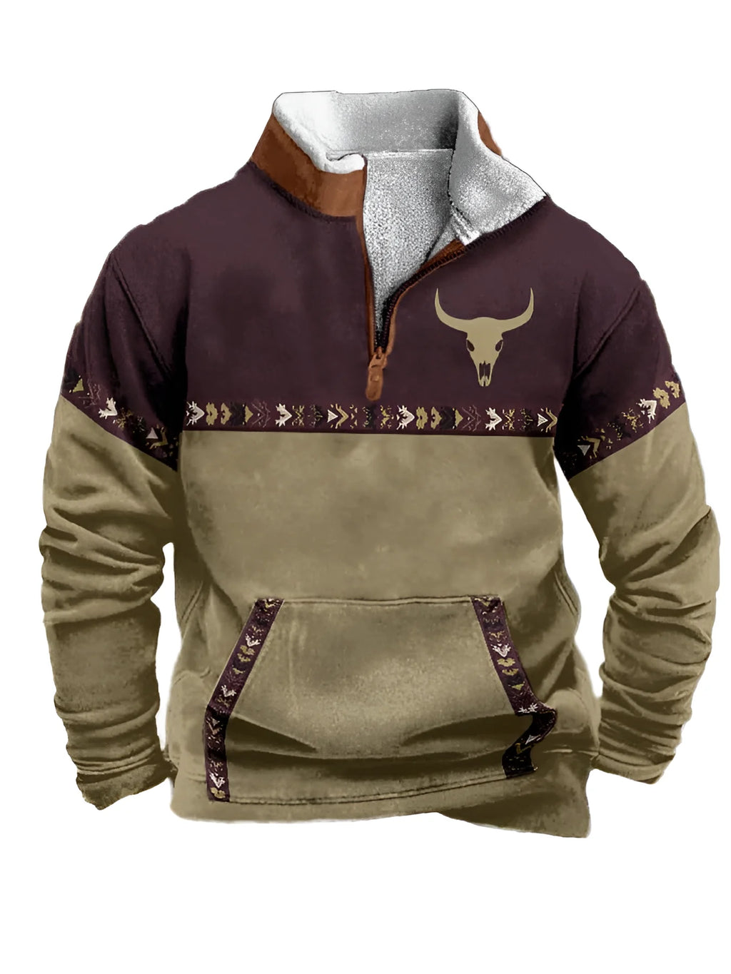 Noxwear - Men'S Vintage Western Hoodie with Aztec Cowboy Design - Beige & Gray Zip-Up Pullover with Pockets, Casual Long Sleeve Outdoor We