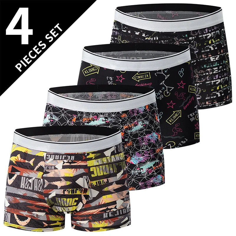 Noxwear - 4/10piece Men's European And American Size Printed Fashionable Underwear Comfortable Plus Size Boxer Shorts Casual Sports Shorts