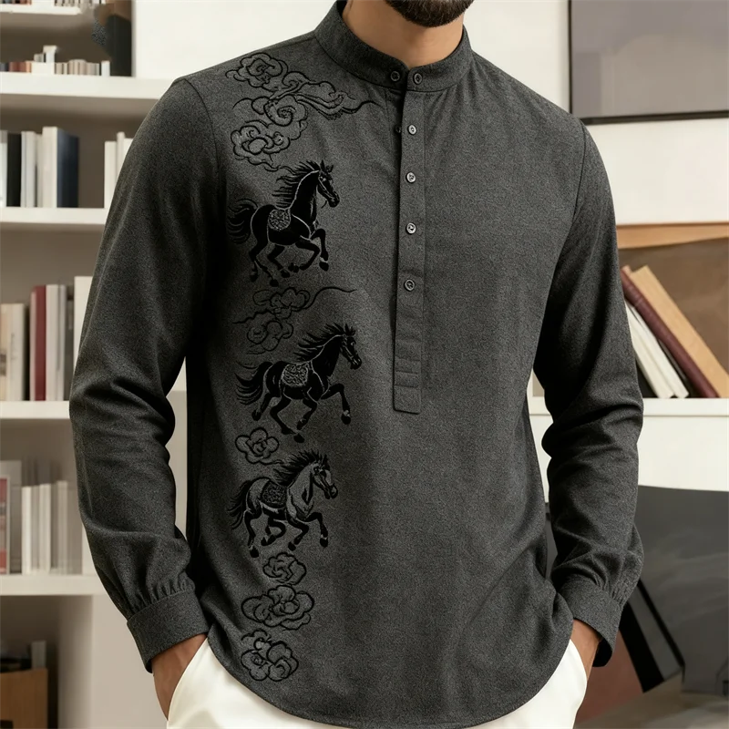 Noxwear - New men's casual fashion street men's 3D horse print shirt with collar and long sleeved top men's long sleeved shirt