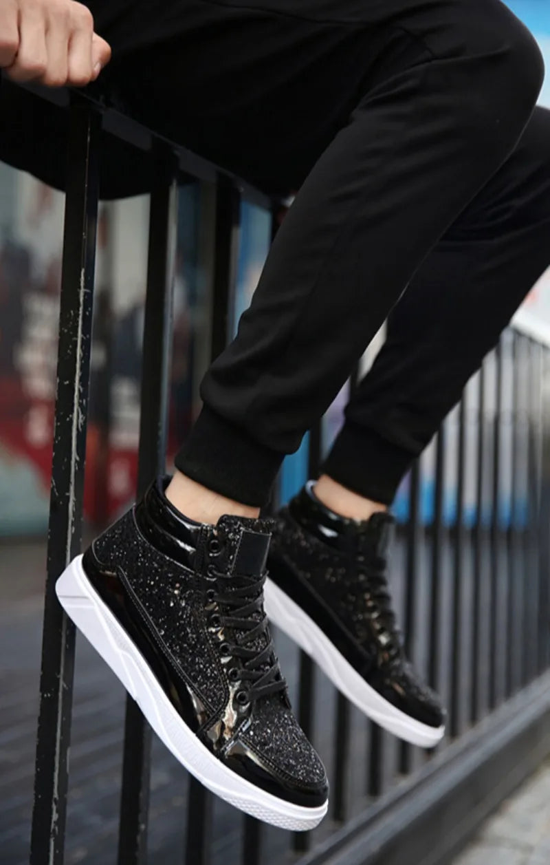 Noxwear - Men's Boots Nightclubs Fashiona Sequins With Diamonds Gold Leather Boots Trendy High Top Sports Casual Shoes Large Size 38-48