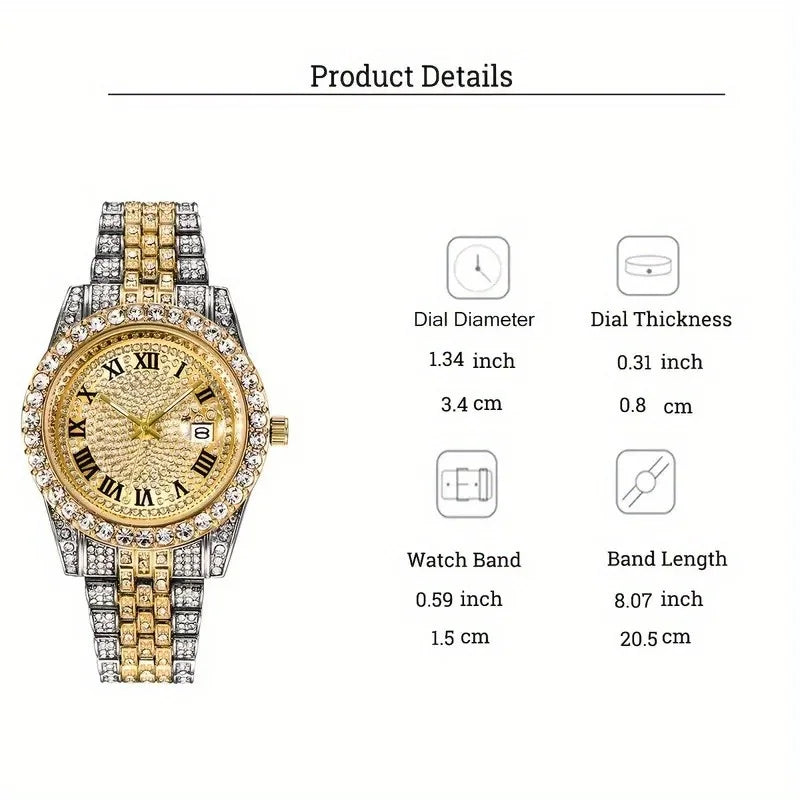 Noxwear - Mens Hip Hop Watch VintagInspired Retro Quartz Timepiece with Oversized Rhinestone Dial and Durable Stainless Steel Band for Men