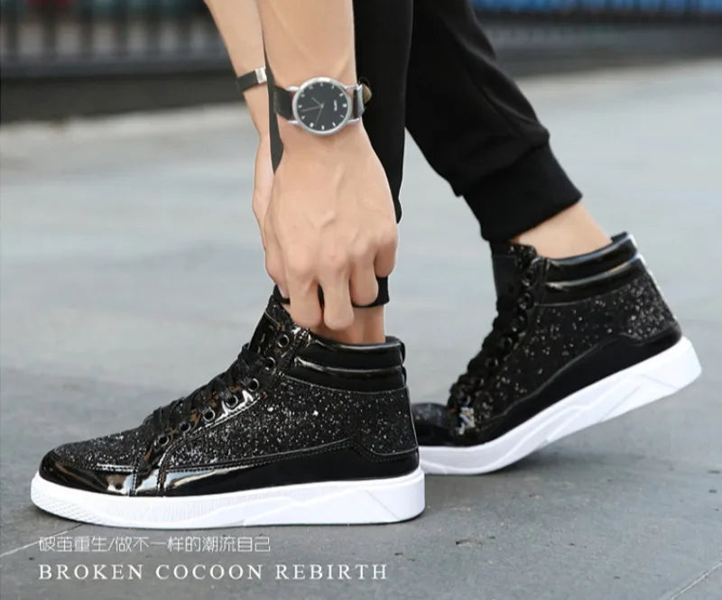Noxwear - Men's Boots Nightclubs Fashiona Sequins With Diamonds Gold Leather Boots Trendy High Top Sports Casual Shoes Large Size 38-48