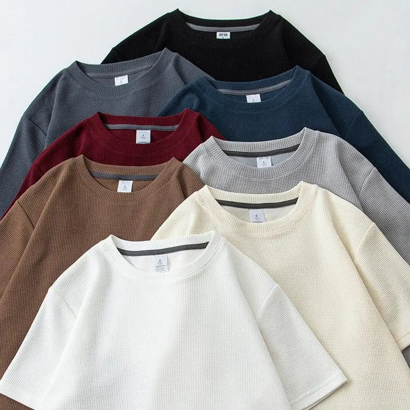 Noxwear - Waffle Short Sleeved T-shirt for Men and Women Summer Japanese Round Neck Half Sleeved Top Loose Casual Solid Color T-shirt