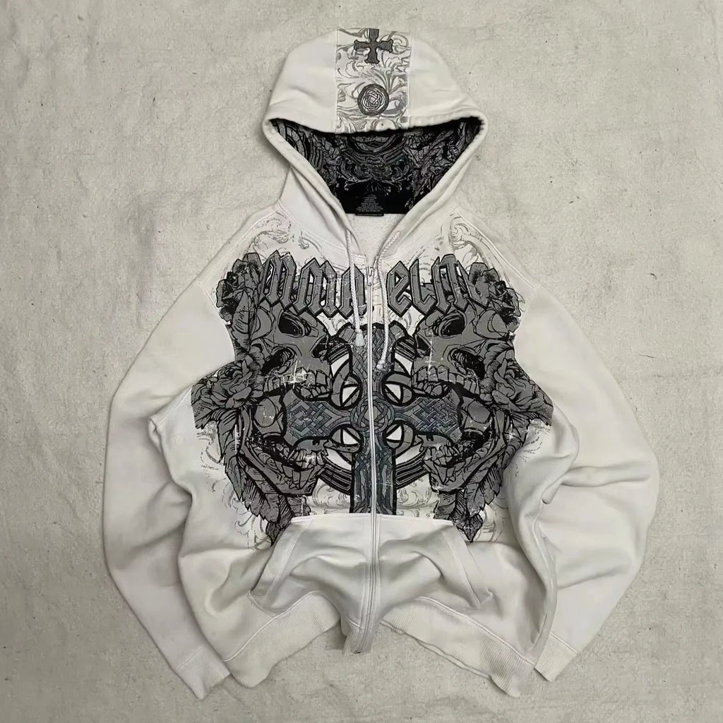 Noxwear Anime Hoodies in white featuring large intricate black and gray chest graphic with bold artistic detail for oversized streetwear style.