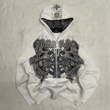 Noxwear Anime Hoodies in white featuring large intricate black and gray chest graphic with bold artistic detail for oversized streetwear style.