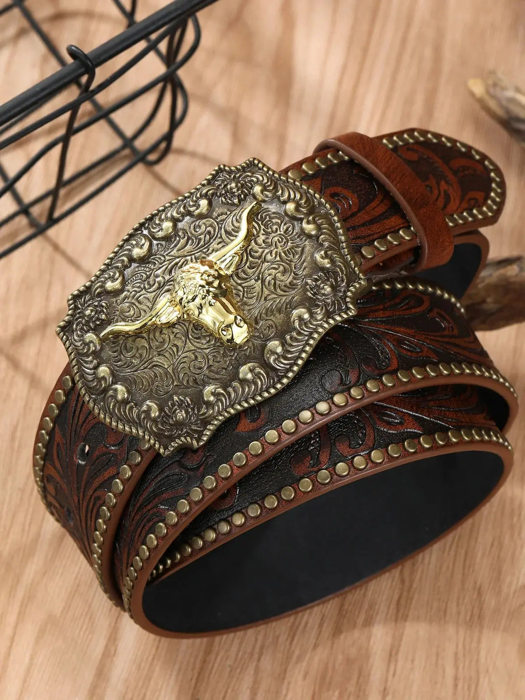 Noxwear - Western Cowboy Belt Cowhead Big Plate Buckle Trend Retro Belt Punk Style Pu Leather Belt