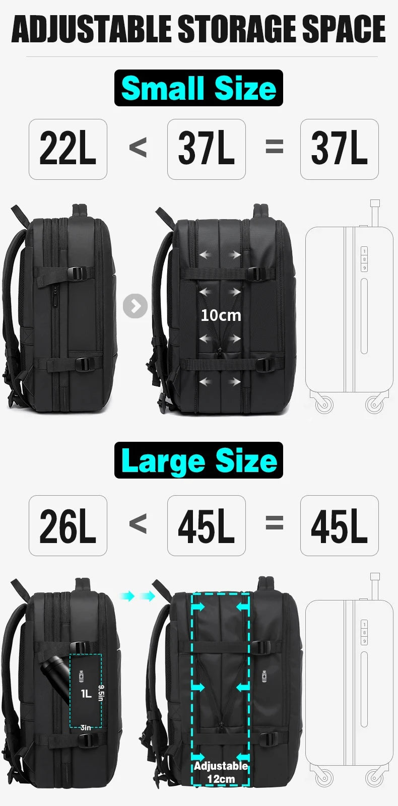 Noxwear - Bange Travel Backpack, Backpack School Expandable USB Bag Large Capacity 17.3 Laptop Waterproof