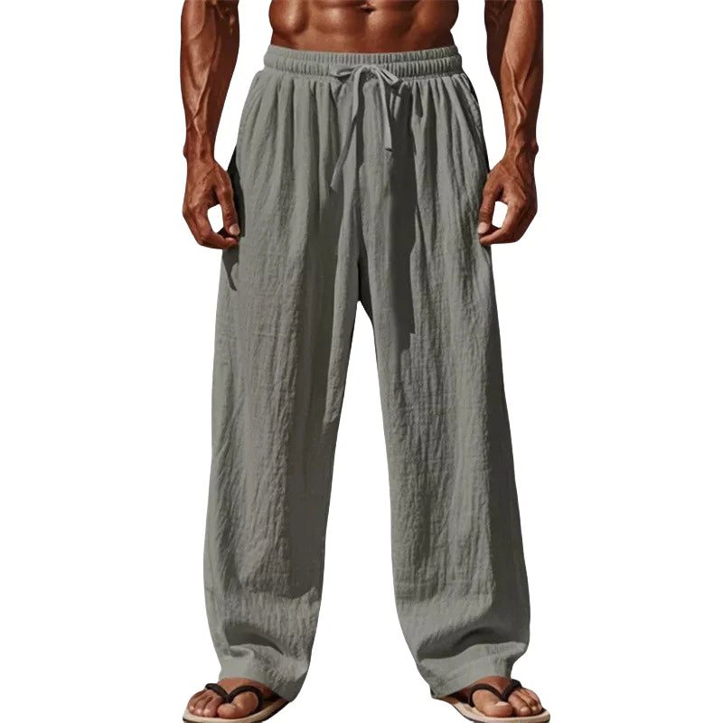 Noxwear -  New Men Cotton and Linen Casual Pants Simple and Comfortable Straight Leg Pants Waist Drawstring Plus Size Looser S-4XL