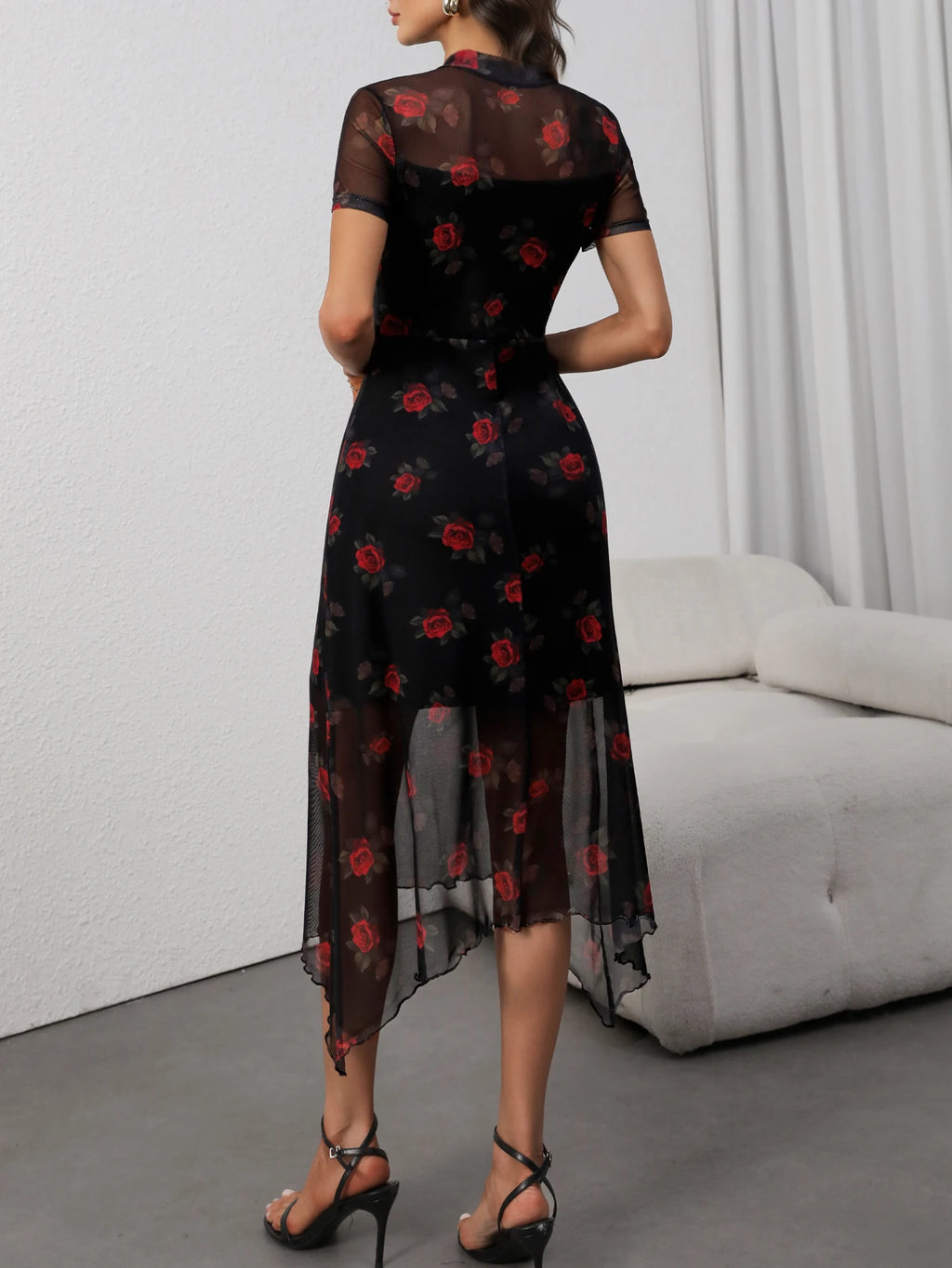 Noxwear Goth Dark Elegant Fashion Florals Print Short Sleeve Mid Dress Fairy Grunge Mesh Patchwork Double Layer Dresses Gothic Techwear