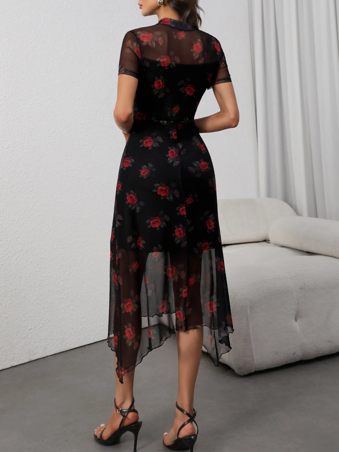 Noxwear Goth Dark Elegant Fashion Florals Print Short Sleeve Mid Dress Fairy Grunge Mesh Patchwork Double Layer Dresses Gothic Techwear