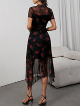 Noxwear Goth Dark Elegant Fashion Florals Print Short Sleeve Mid Dress Fairy Grunge Mesh Patchwork Double Layer Dresses Gothic Techwear