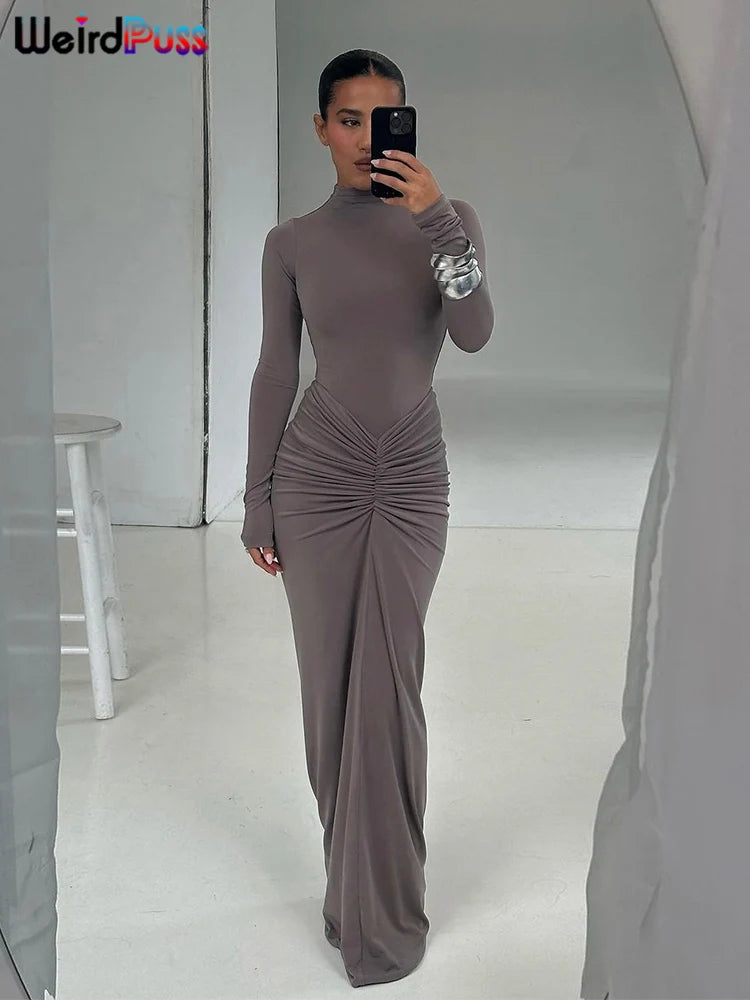 Noxwear Weird Puss Hipster Ruched Dress Women o-NeckFull Sleeve  Skinny Stretch Robe Autumn Trend Simple Classic Pleats Long Bodycon