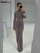 Noxwear Weird Puss Hipster Ruched Dress Women o-NeckFull Sleeve  Skinny Stretch Robe Autumn Trend Simple Classic Pleats Long Bodycon