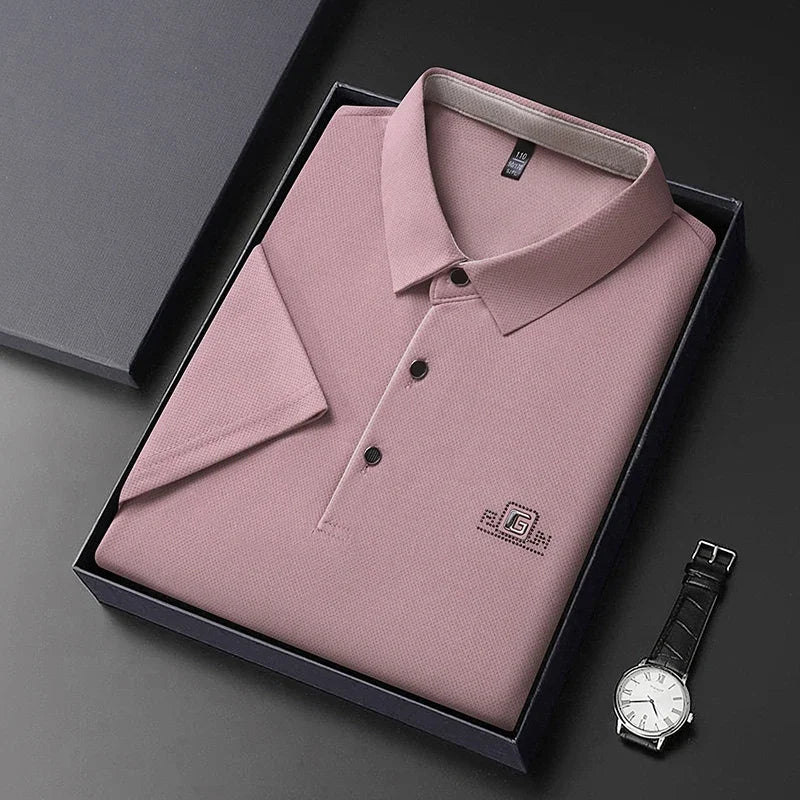 Noxwear - New Men's Business Casual Short Sleeved Shirt with Badge Solid Color Polo Shirt Fashionable Breathable Comfortable Versatile Top