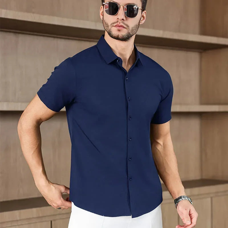 Noxwear -New Men's Business Casual Solid Color Short Sleeved Shirt for Summer Fashion No Ironing Comfortable and Versatile Top