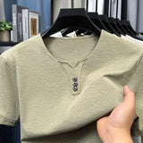 Noxwear - 2025 New Men's Business Casual Three Button V-neck Short Sleeved T-shirt Korean Style Summer Comfortable Versatile Top