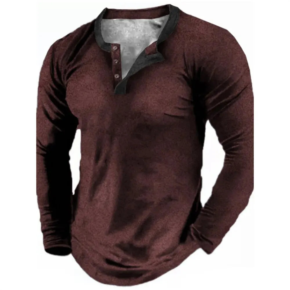 Noxwear - Spring Autumn Solid Color Henley Shirts 3D Printed Men's Fashion Vintage Button-Down Long Sleeve T Shirt Man Tees Tops Clothing