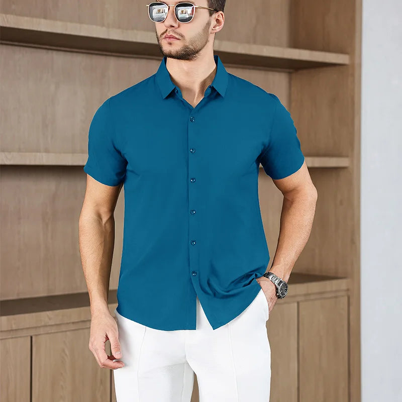 Noxwear -New Men's Business Casual Solid Color Short Sleeved Shirt for Summer Fashion No Ironing Comfortable and Versatile Top