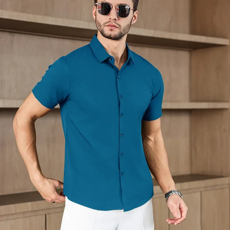 Noxwear -New Men's Business Casual Solid Color Short Sleeved Shirt for Summer Fashion No Ironing Comfortable and Versatile Top