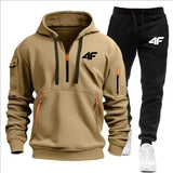 Noxwear-Men's tracksuit zipper hood multi-pocket and protective pants casual jogging tracksuit fall/winter 2-piece setLarge size S-3XL