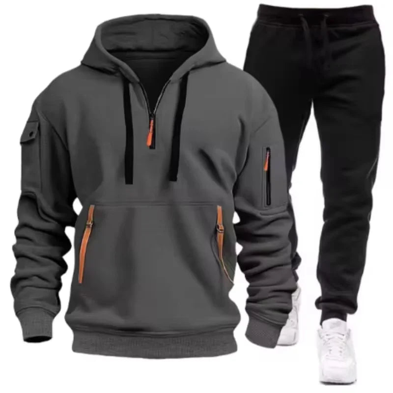 Noxwear-Men new autumn and winter multi-pocket zipper long-sleeved hoodie + sports and leisure pants two-piece fitness jogging suit