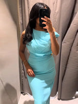 Noxwear Elegant Women's Bodycon Maxi Dresses Sleeveless One Shoulder Dress with Gold Buckle Summer Chic Casual Lady Party Evening Outfit